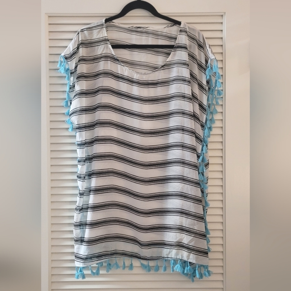 Black/White/Aqua Striped Caftan Swim Cover Up with Tassels
